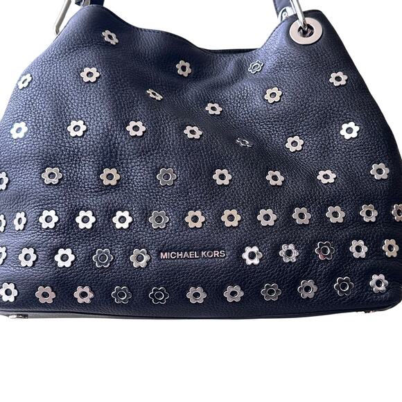 Michael Kors Black Leather Raven Silver Flower Stud Large Shoulder Tote Purse - Picture 7 of 16